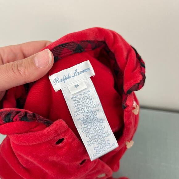 Ralph Lauren Festive Red Velour Footie 3 Months - Picture 5 of 6